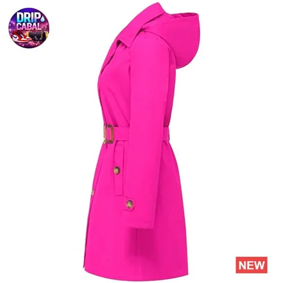 Double Breasted Trench Coat Mid-Length Belted Overcoat with Detachable Hood - Picture 4 of 7